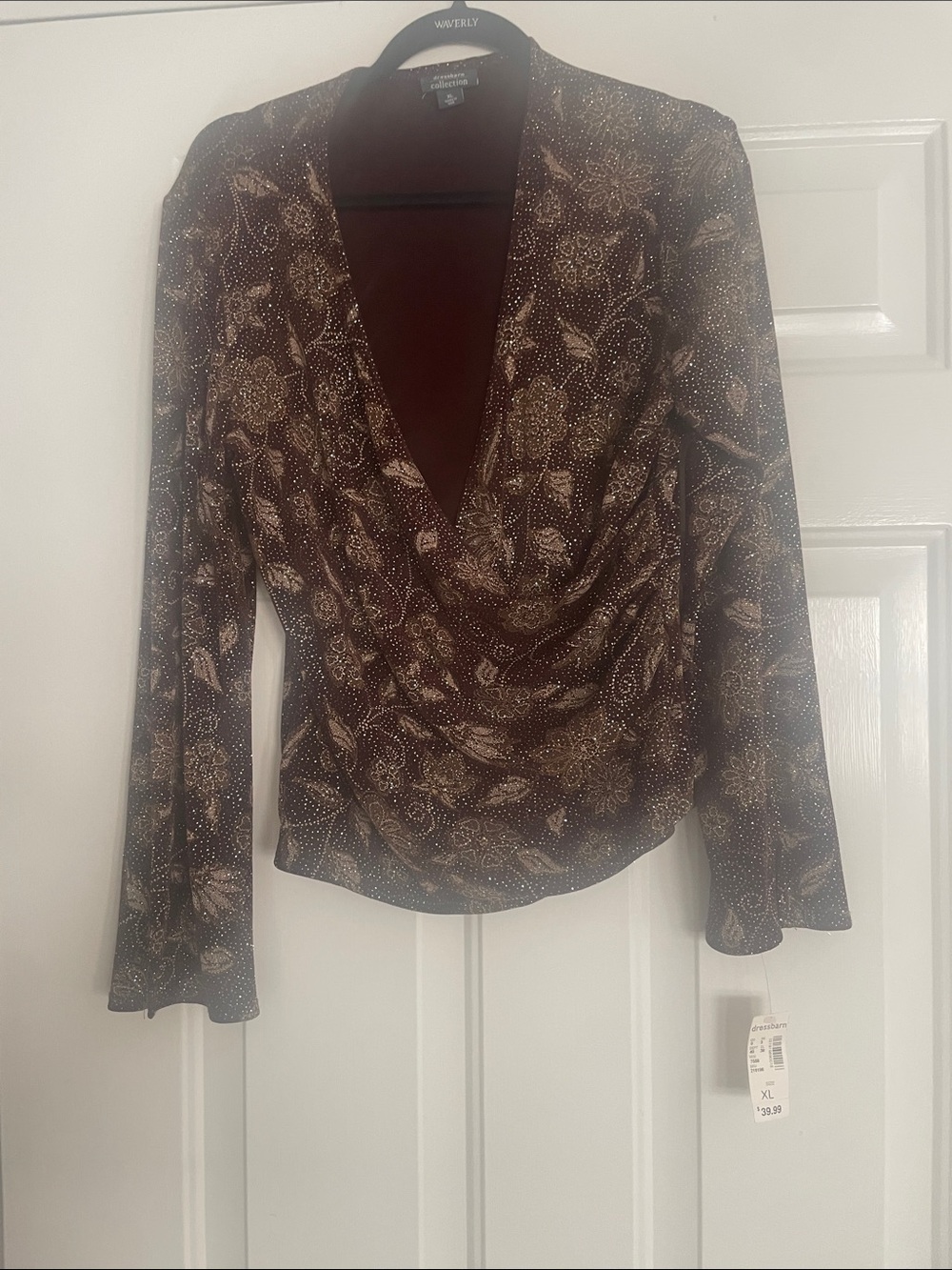 Dress Barn Brown and Cream Floral Drape Neck Blouse XL
